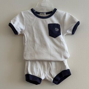 Kids White and Navy Ribbed Matching Set